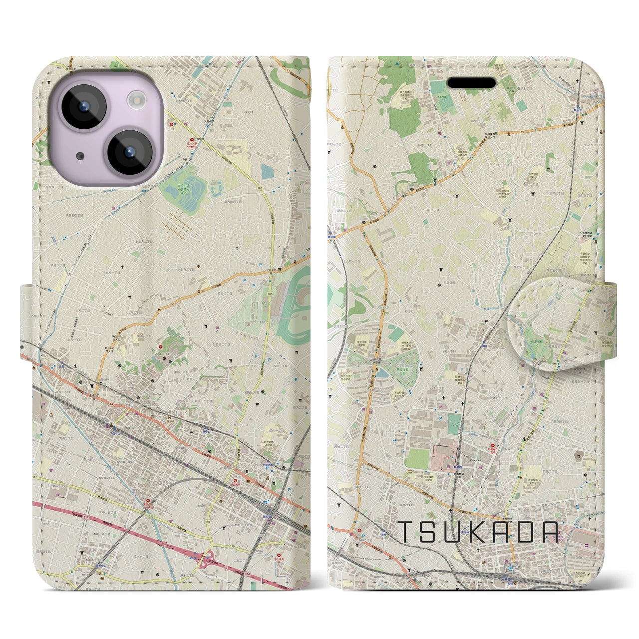 【塚田】地図柄iPhoneケース（手帳両面タイプ・ナチュラル）iPhone 14 用