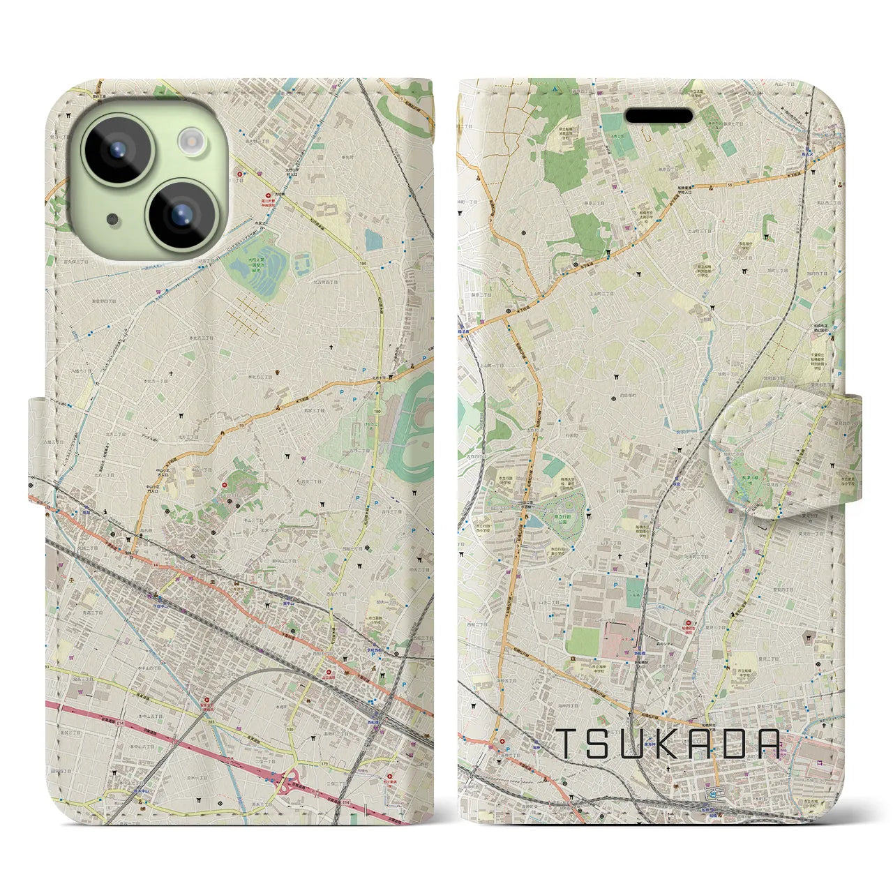 【塚田】地図柄iPhoneケース（手帳両面タイプ・ナチュラル）iPhone 15 用