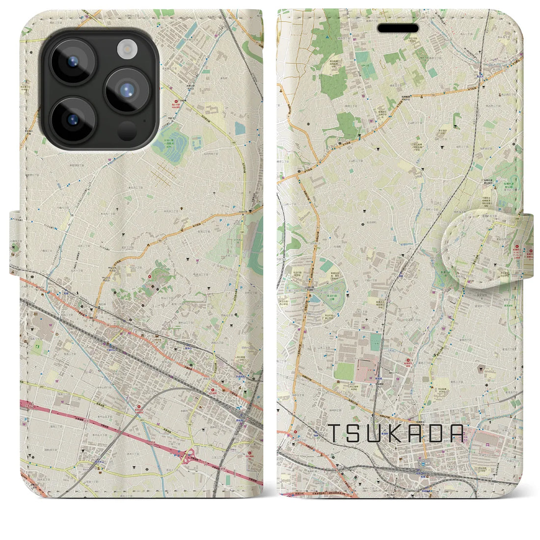 【塚田】地図柄iPhoneケース（手帳両面タイプ・ナチュラル）iPhone 15 Pro Max 用