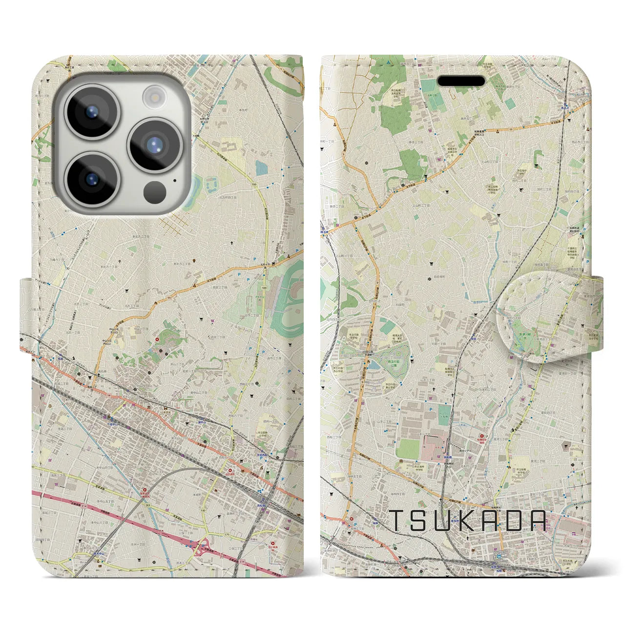 【塚田】地図柄iPhoneケース（手帳両面タイプ・ナチュラル）iPhone 15 Pro 用