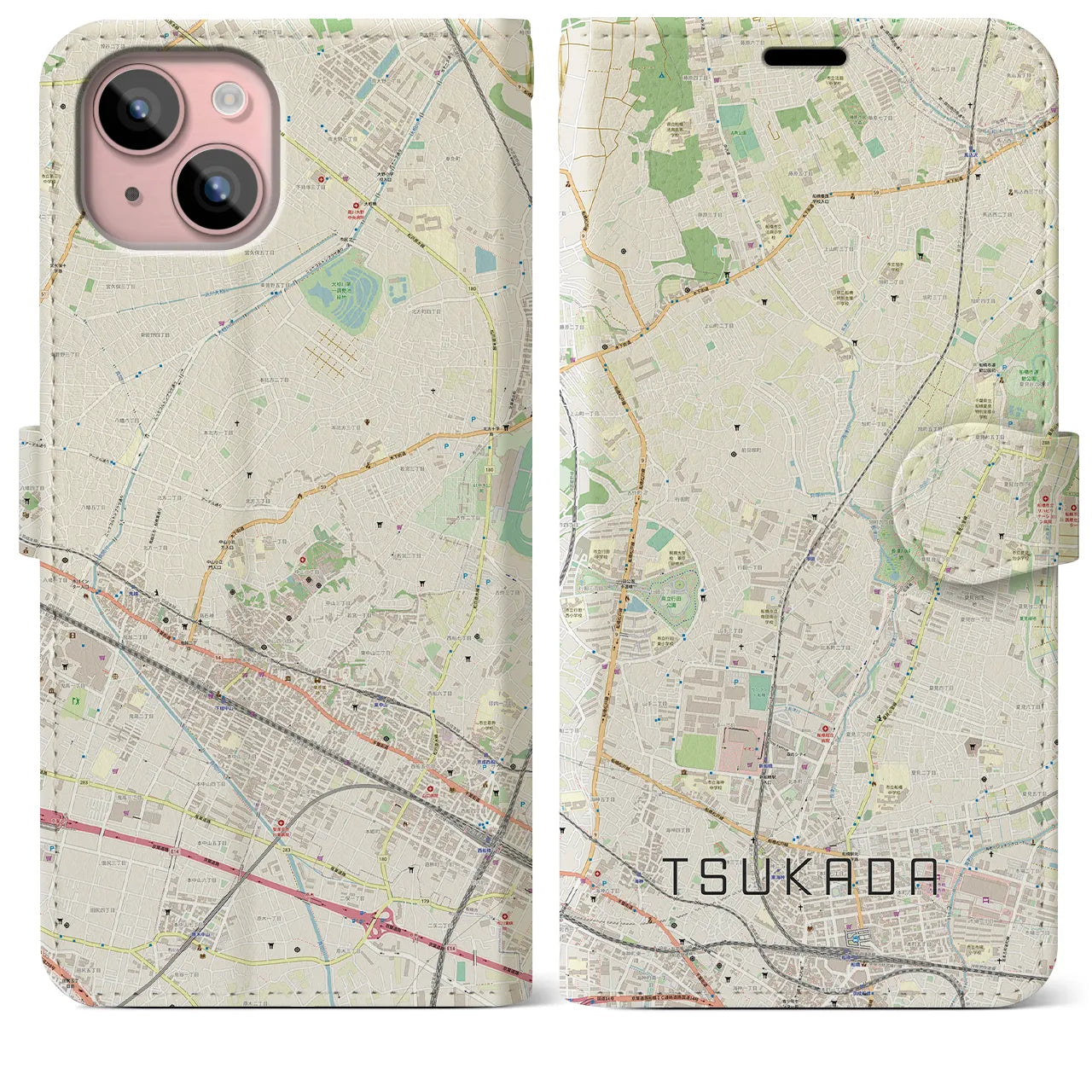 【塚田】地図柄iPhoneケース（手帳両面タイプ・ナチュラル）iPhone 15 Plus 用