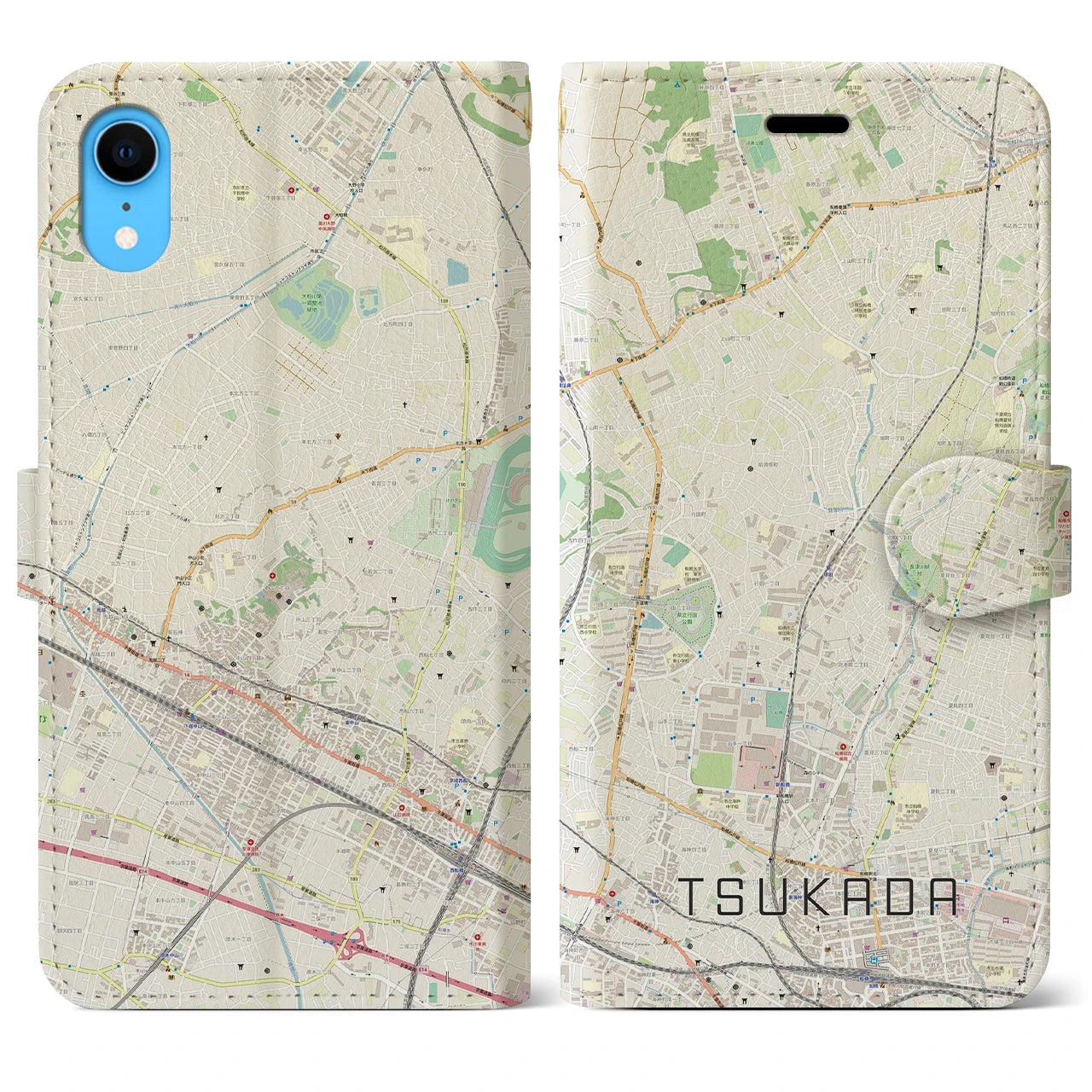 【塚田】地図柄iPhoneケース（手帳両面タイプ・ナチュラル）iPhone XR 用