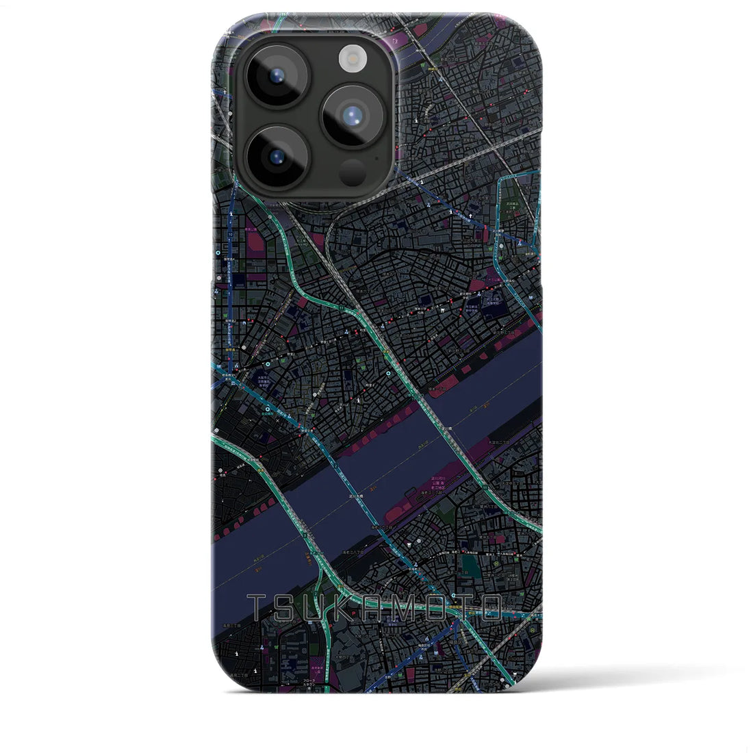 【塚本】地図柄iPhoneケース（バックカバータイプ・ブラック）iPhone 15 Pro Max 用