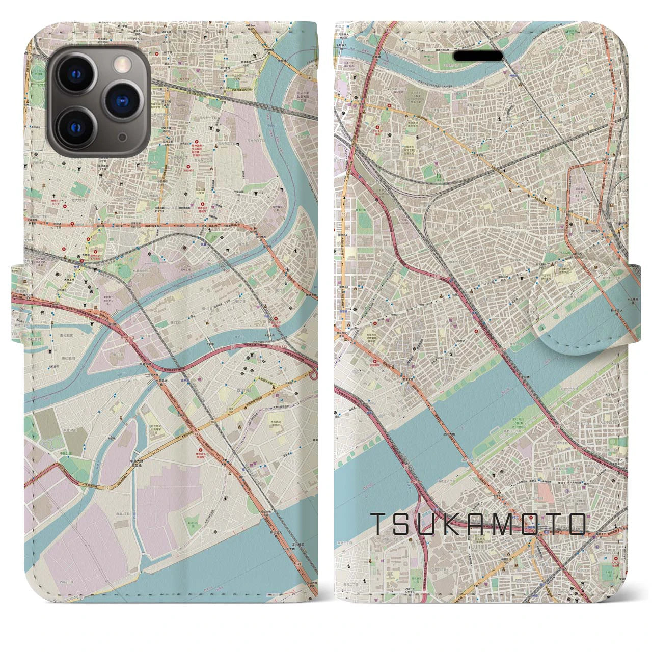 【塚本】地図柄iPhoneケース（手帳両面タイプ・ナチュラル）iPhone 11 Pro Max 用