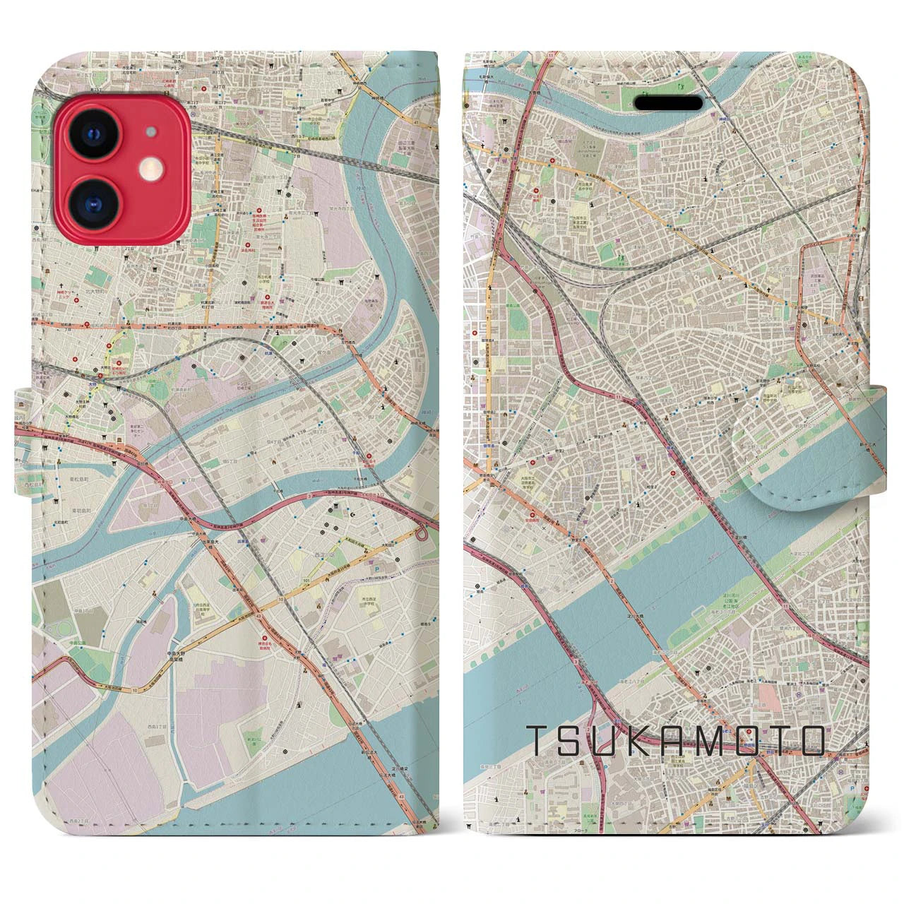 【塚本】地図柄iPhoneケース（手帳両面タイプ・ナチュラル）iPhone 11 用