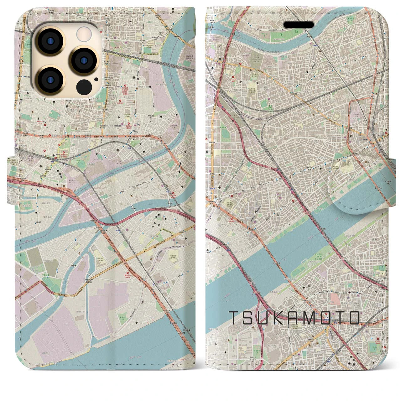 【塚本】地図柄iPhoneケース（手帳両面タイプ・ナチュラル）iPhone 12 Pro Max 用