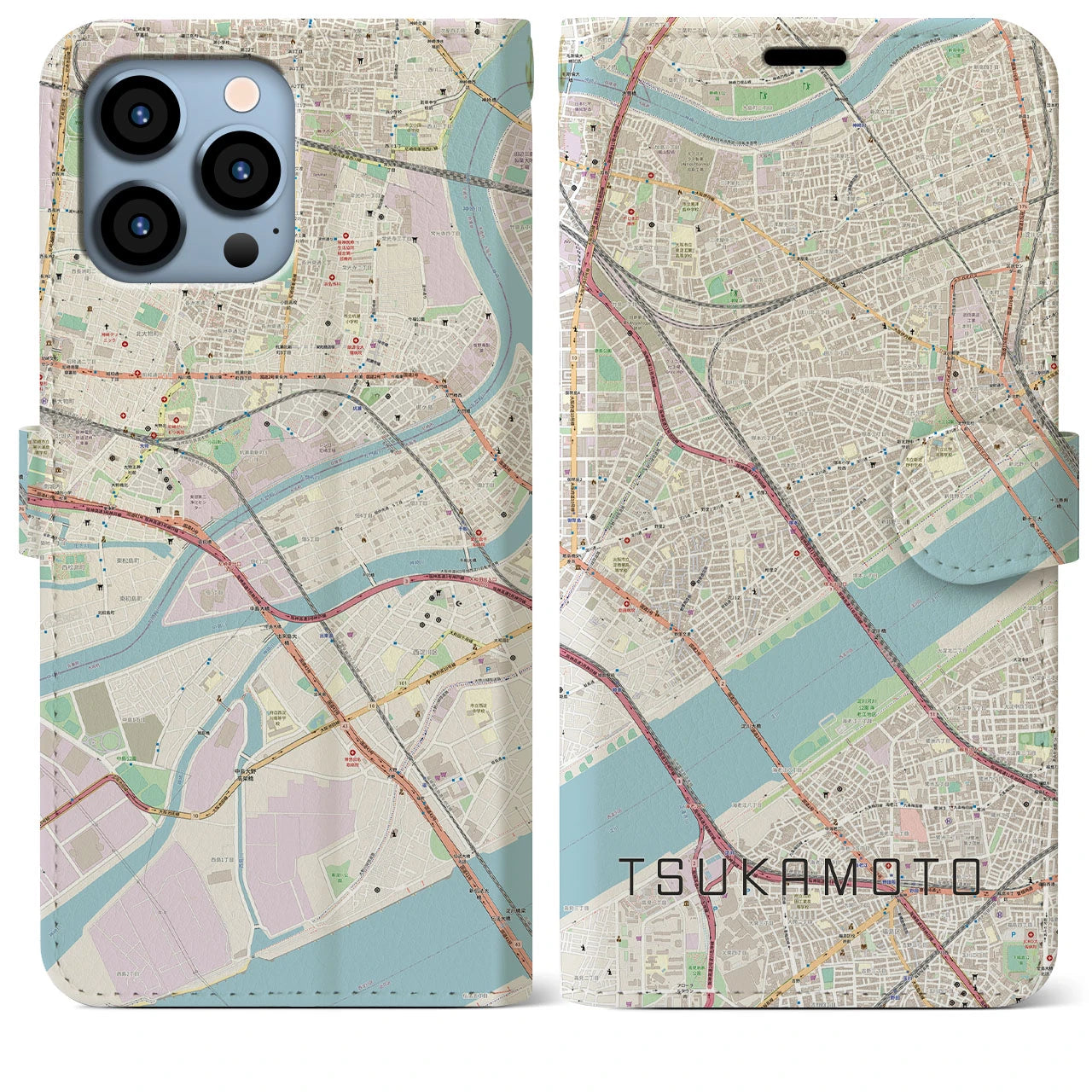 【塚本】地図柄iPhoneケース（手帳両面タイプ・ナチュラル）iPhone 13 Pro Max 用