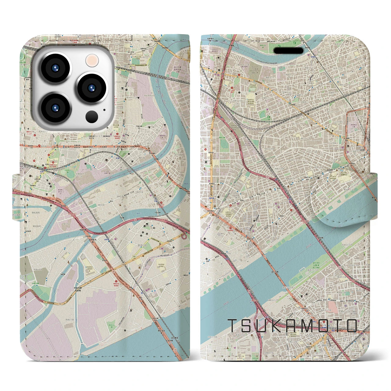 【塚本】地図柄iPhoneケース（手帳両面タイプ・ナチュラル）iPhone 13 Pro 用