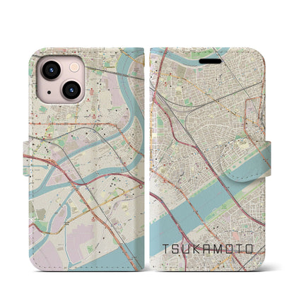 【塚本（大阪府）】地図柄iPhoneケース（手帳タイプ）ナチュラル・iPhone 13 mini 用