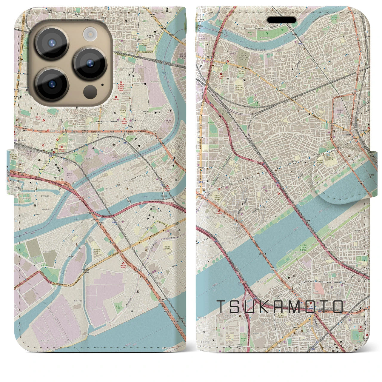 【塚本】地図柄iPhoneケース（手帳両面タイプ・ナチュラル）iPhone 14 Pro Max 用