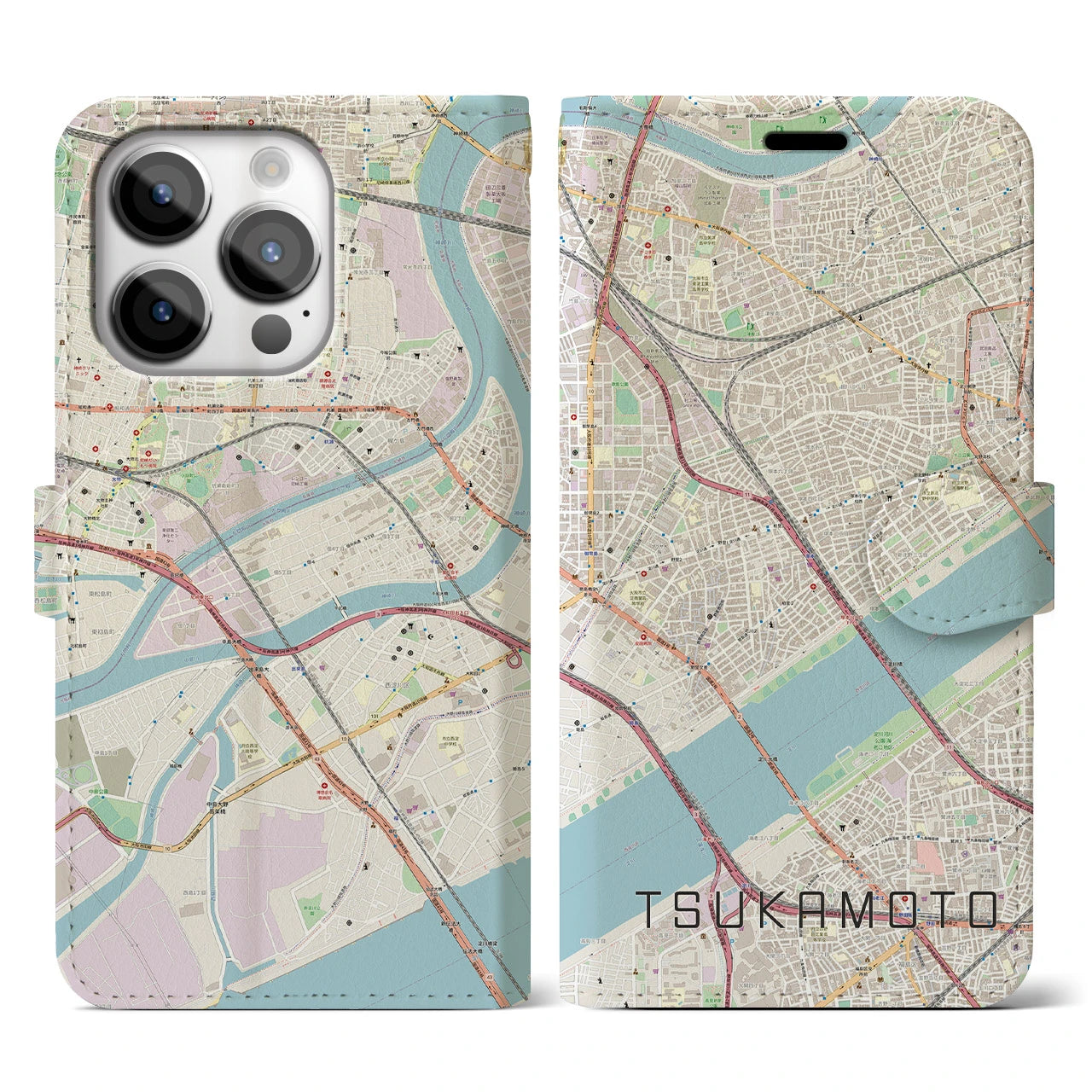 【塚本】地図柄iPhoneケース（手帳両面タイプ・ナチュラル）iPhone 14 Pro 用