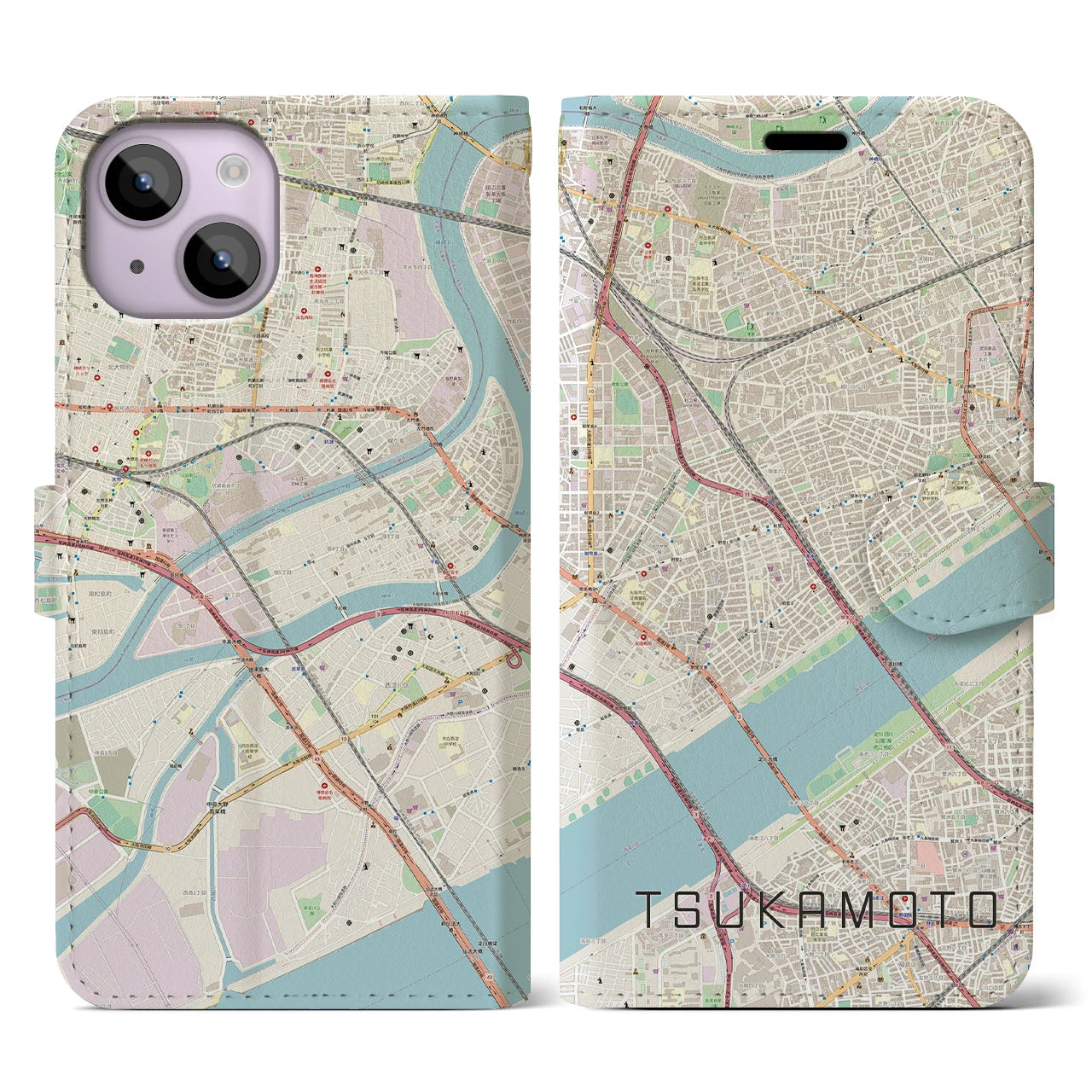【塚本】地図柄iPhoneケース（手帳両面タイプ・ナチュラル）iPhone 14 用