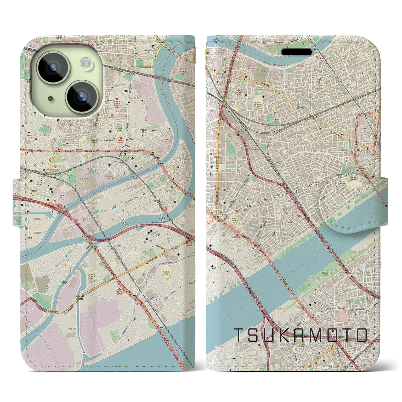 【塚本】地図柄iPhoneケース（手帳両面タイプ・ナチュラル）iPhone 15 用
