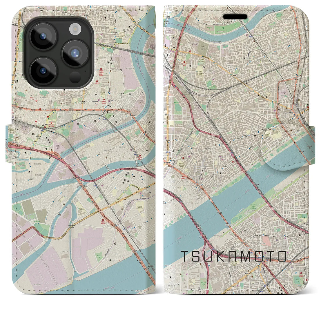【塚本】地図柄iPhoneケース（手帳両面タイプ・ナチュラル）iPhone 15 Pro Max 用