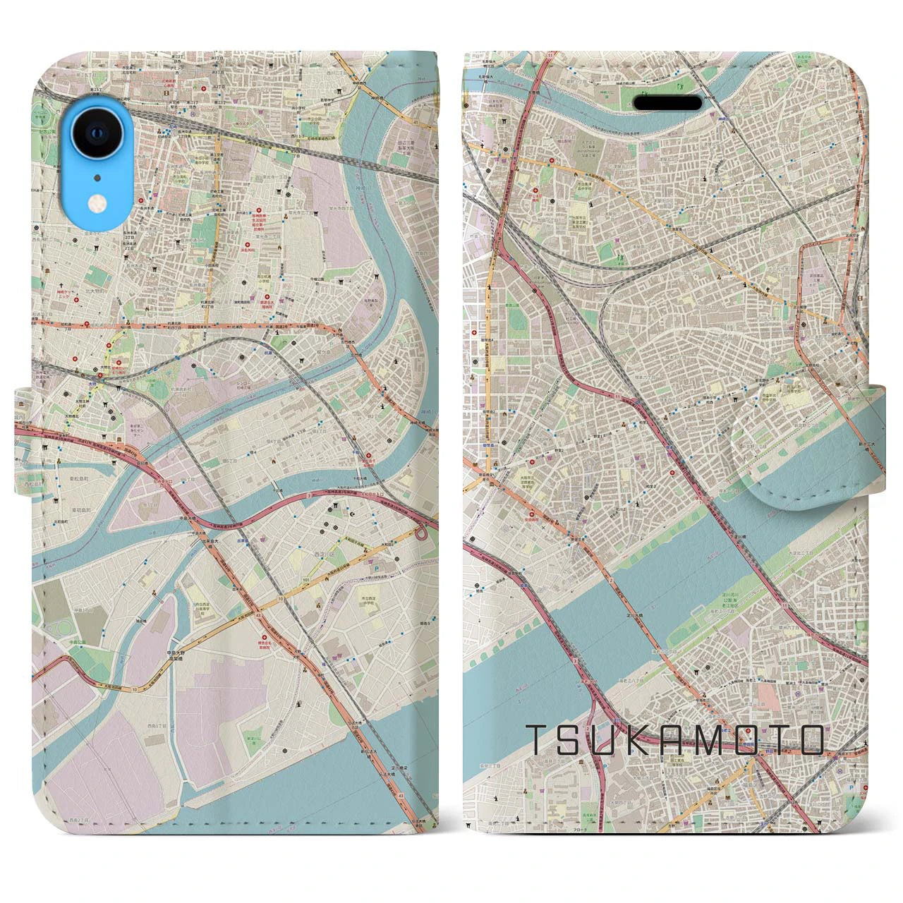 【塚本】地図柄iPhoneケース（手帳両面タイプ・ナチュラル）iPhone XR 用