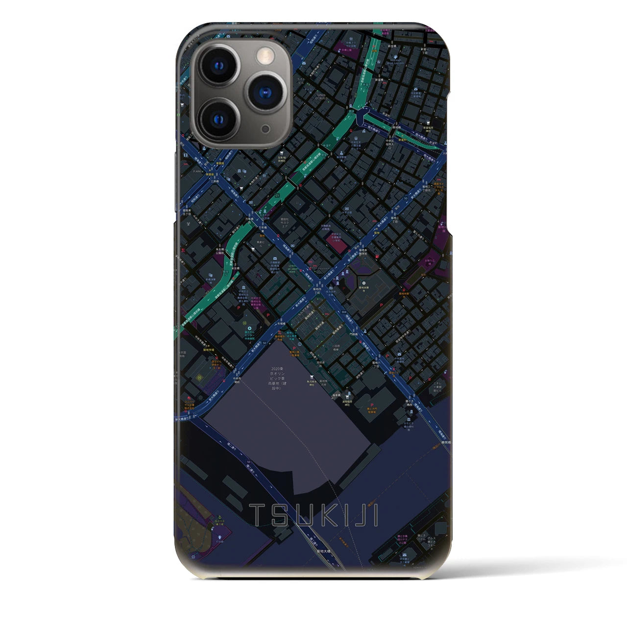 【築地】地図柄iPhoneケース（バックカバータイプ・ブラック）iPhone 11 Pro Max 用