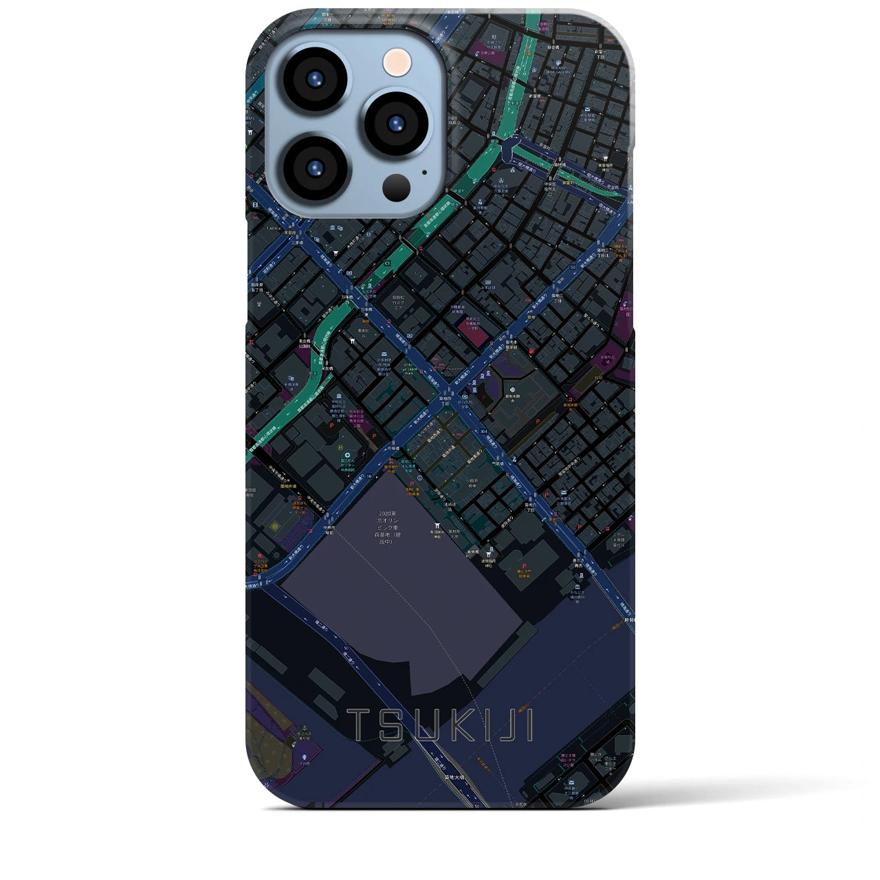 【築地】地図柄iPhoneケース（バックカバータイプ・ブラック）iPhone 13 Pro Max 用