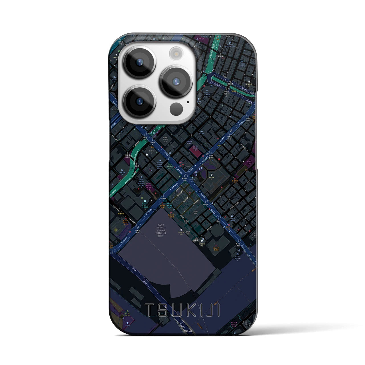 【築地】地図柄iPhoneケース（バックカバータイプ・ブラック）iPhone 14 Pro 用