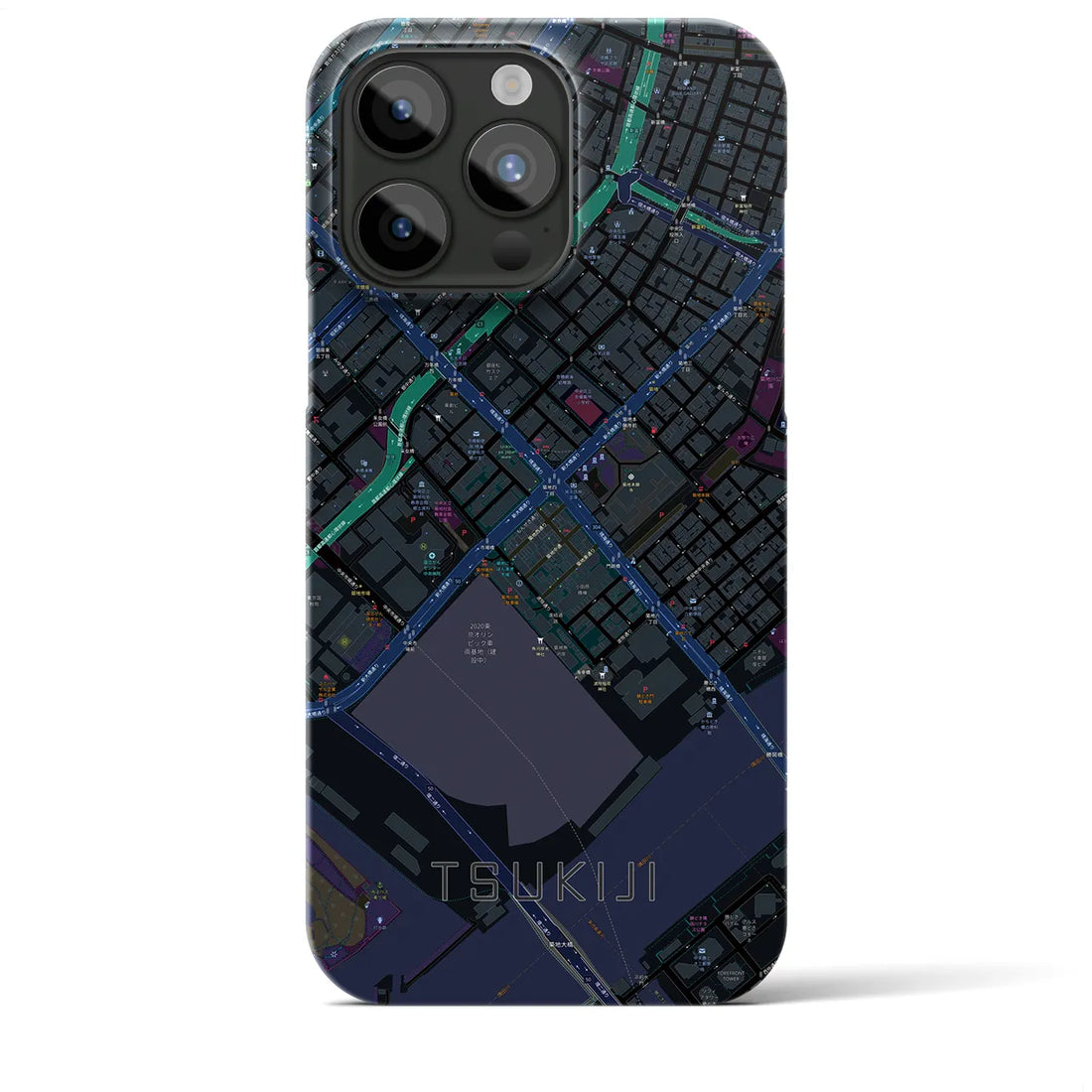【築地】地図柄iPhoneケース（バックカバータイプ・ブラック）iPhone 15 Pro Max 用