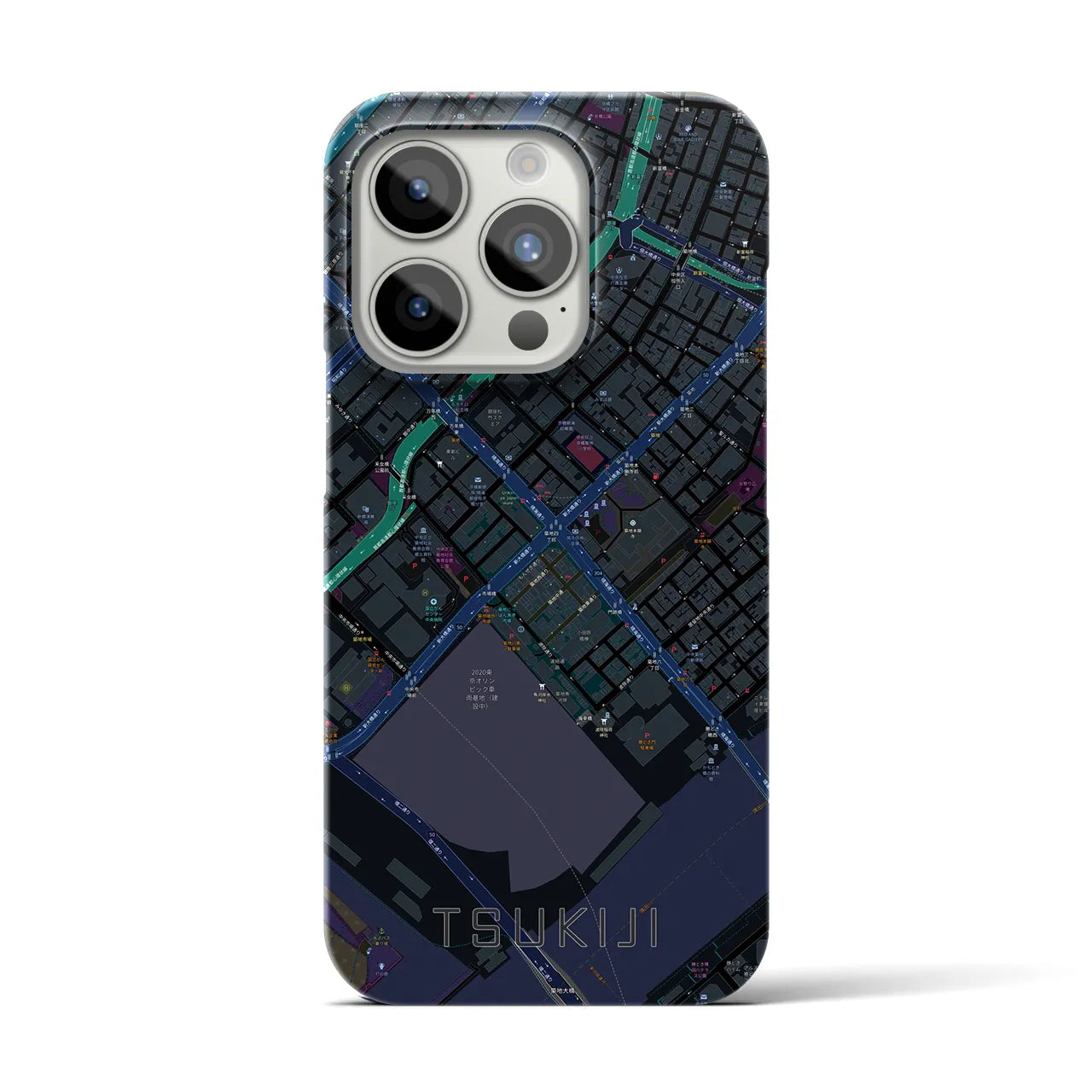 【築地】地図柄iPhoneケース（バックカバータイプ・ブラック）iPhone 15 Pro 用