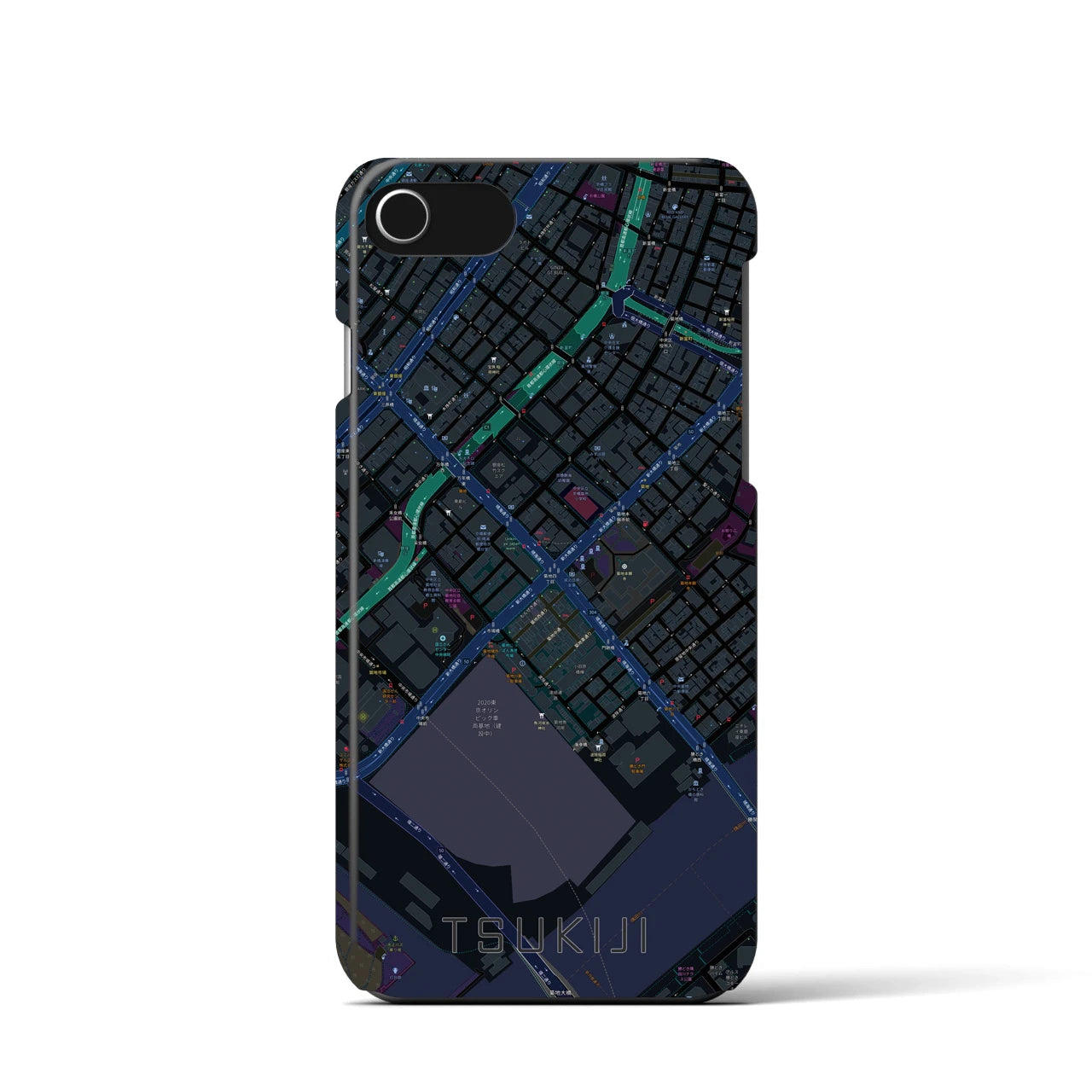 【築地】地図柄iPhoneケース（バックカバータイプ・ブラック）iPhone SE（第3 / 第2世代） / 8 / 7 / 6s / 6 用