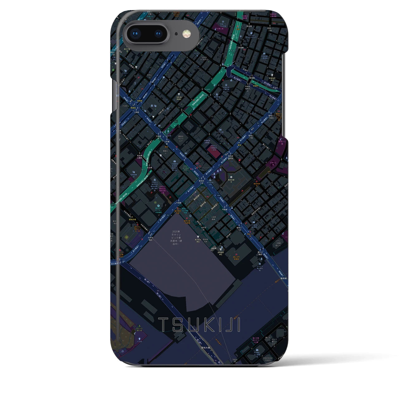 【築地】地図柄iPhoneケース（バックカバータイプ・ブラック）iPhone 8Plus /7Plus / 6sPlus / 6Plus 用