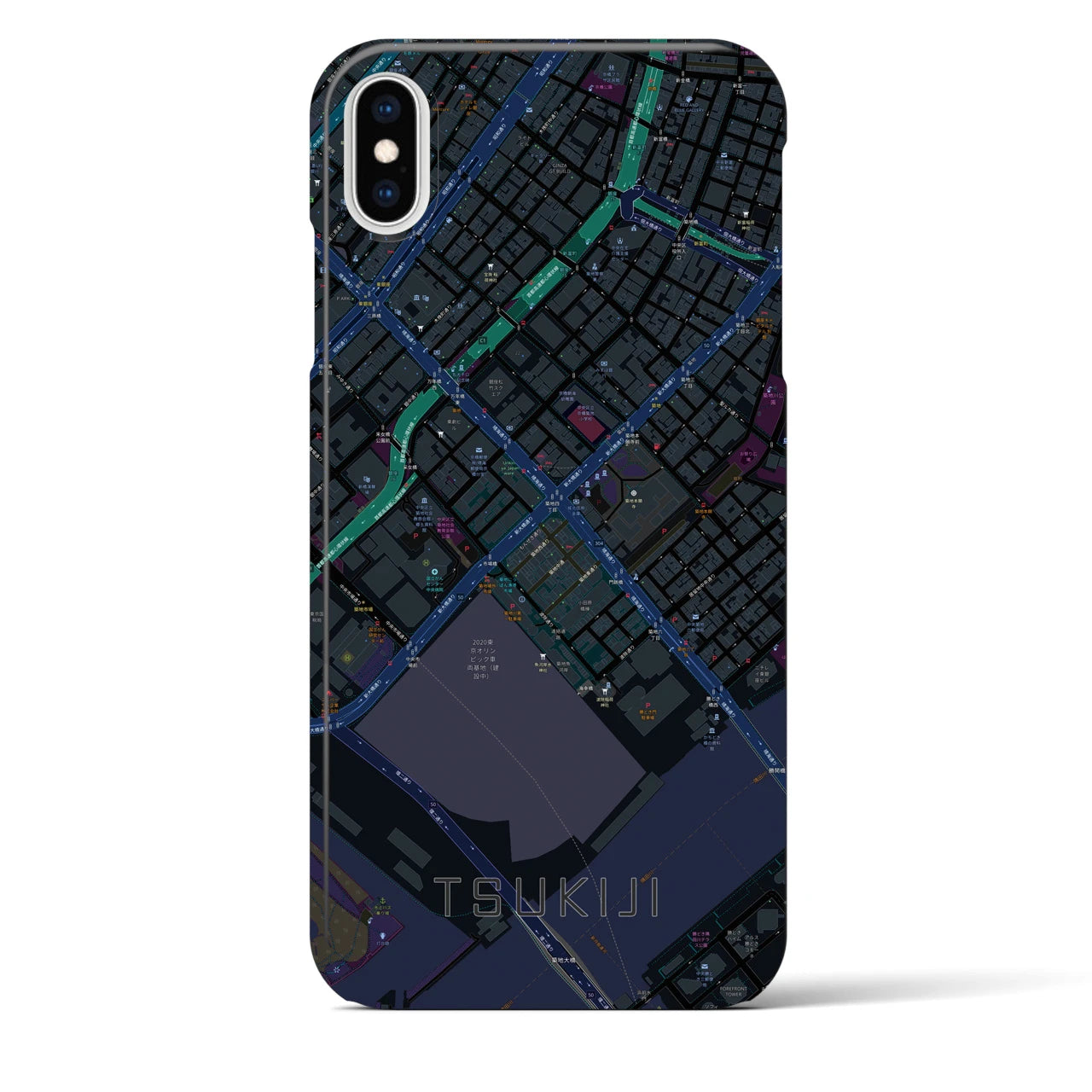 【築地】地図柄iPhoneケース（バックカバータイプ・ブラック）iPhone XS Max 用