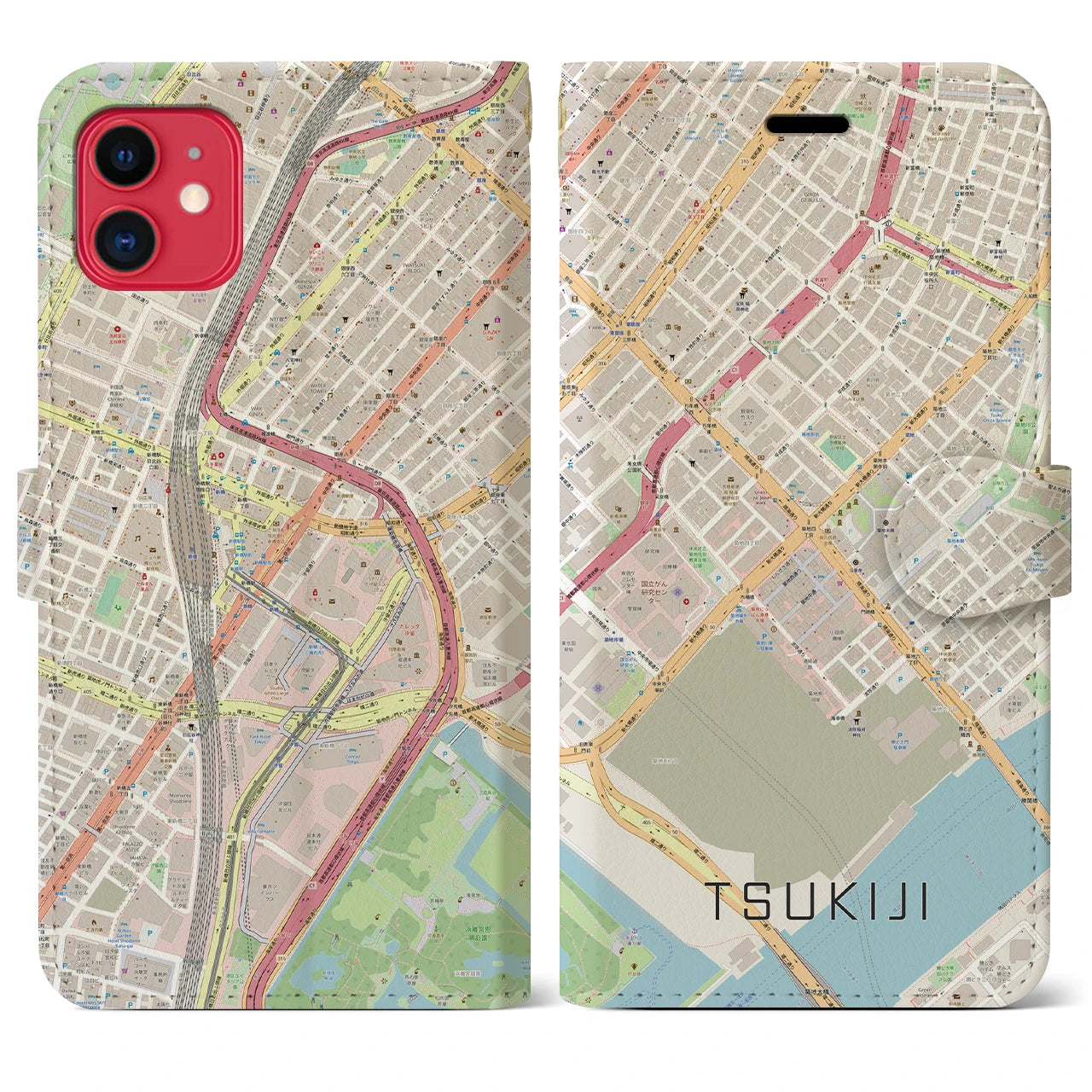 【築地】地図柄iPhoneケース（手帳両面タイプ・ナチュラル）iPhone 11 用