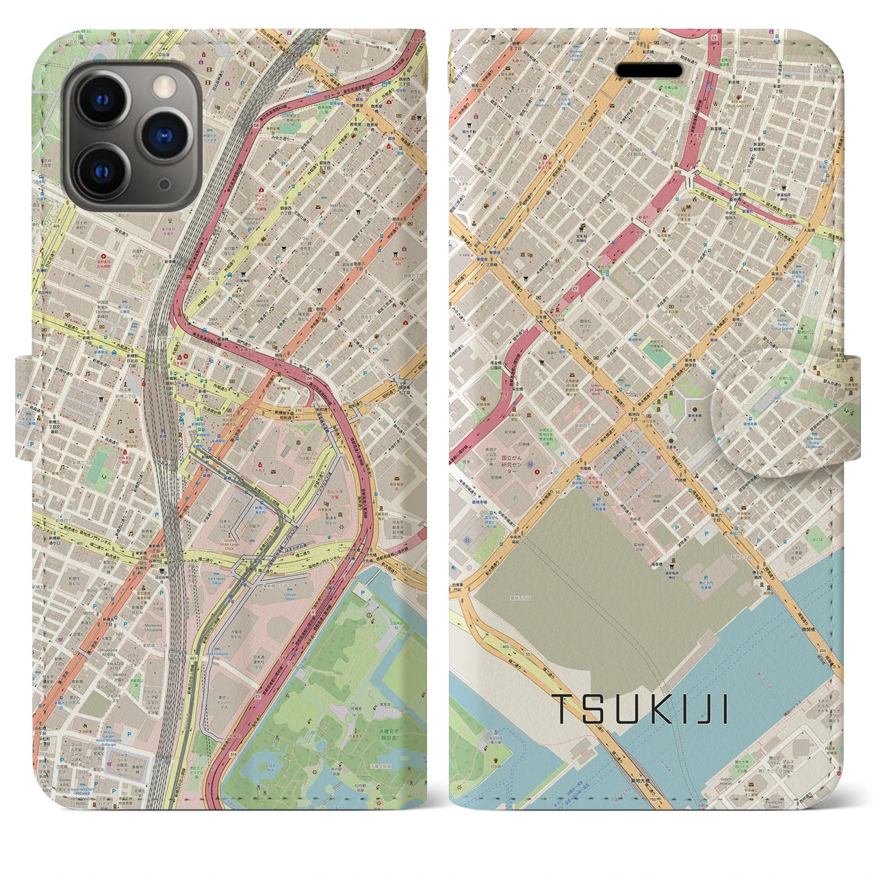 【築地】地図柄iPhoneケース（手帳両面タイプ・ナチュラル）iPhone 11 Pro Max 用