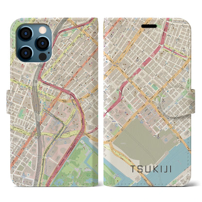 【築地（東京都）】地図柄iPhoneケース（手帳タイプ）ナチュラル・iPhone 12 / 12 Pro 用
