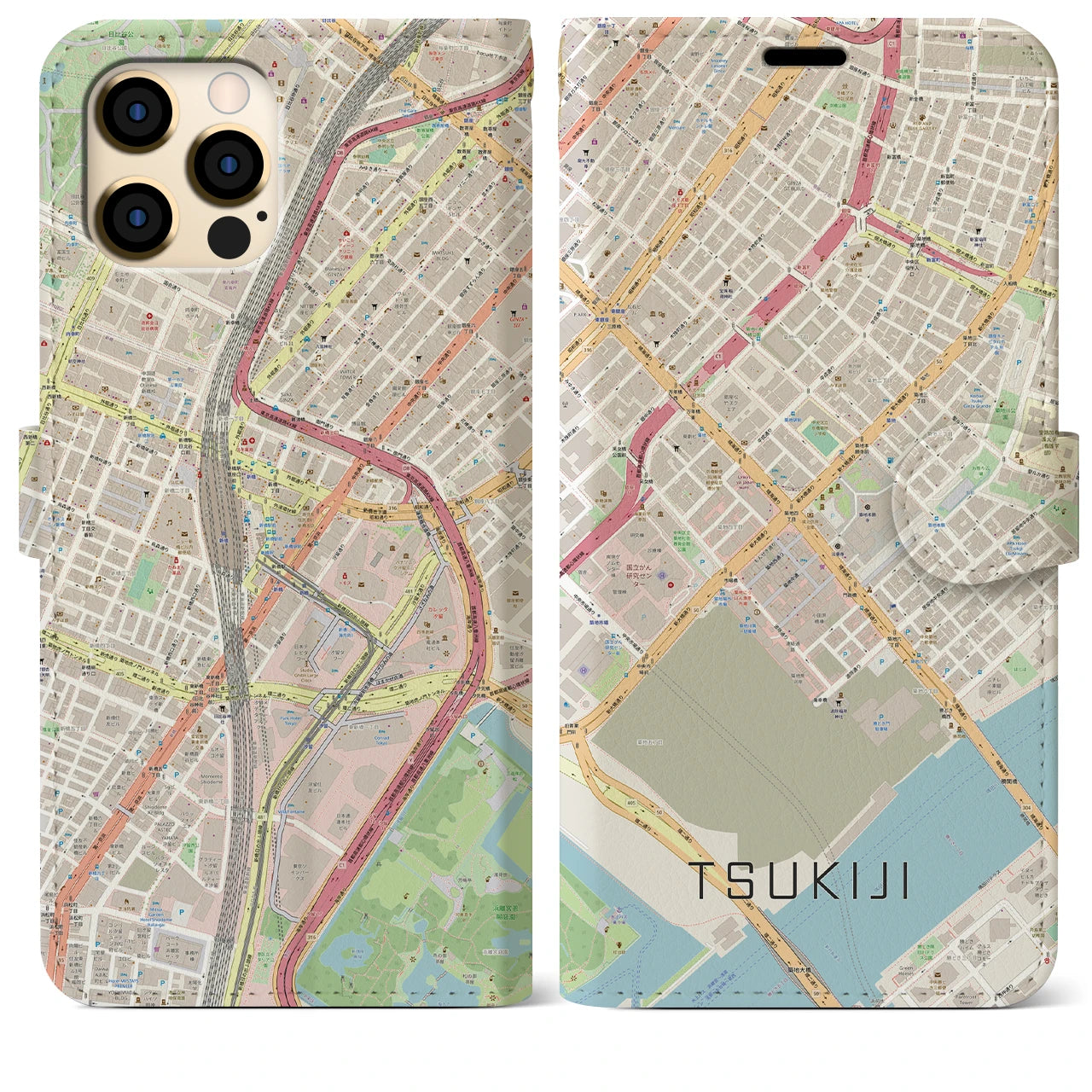 【築地】地図柄iPhoneケース（手帳両面タイプ・ナチュラル）iPhone 12 Pro Max 用