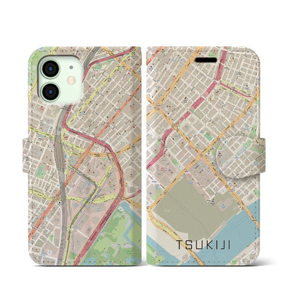 【築地（東京都）】地図柄iPhoneケース（手帳タイプ）ナチュラル・iPhone 12 mini 用