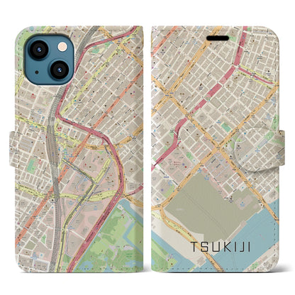 【築地（東京都）】地図柄iPhoneケース（手帳タイプ）ナチュラル・iPhone 13 用