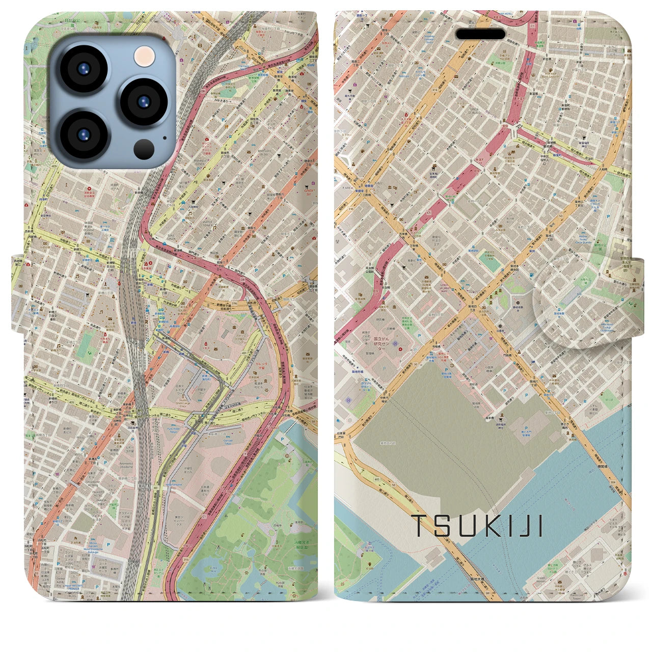 【築地】地図柄iPhoneケース（手帳両面タイプ・ナチュラル）iPhone 13 Pro Max 用
