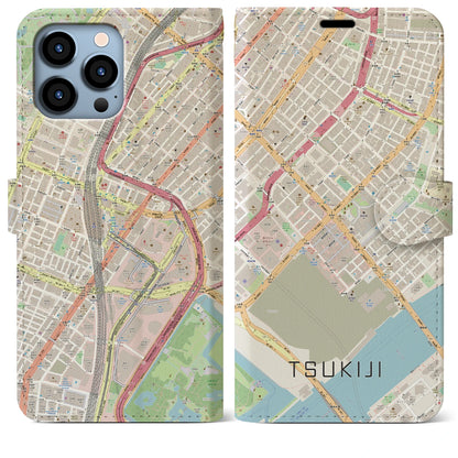 【築地（東京都）】地図柄iPhoneケース（手帳タイプ）ナチュラル・iPhone 13 Pro Max 用