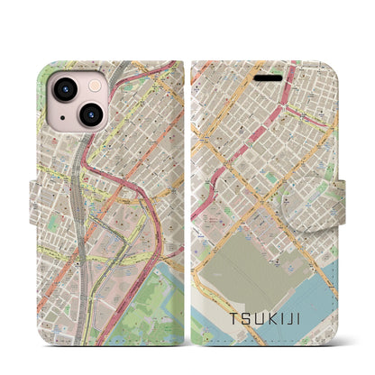 【築地（東京都）】地図柄iPhoneケース（手帳タイプ）ナチュラル・iPhone 13 mini 用