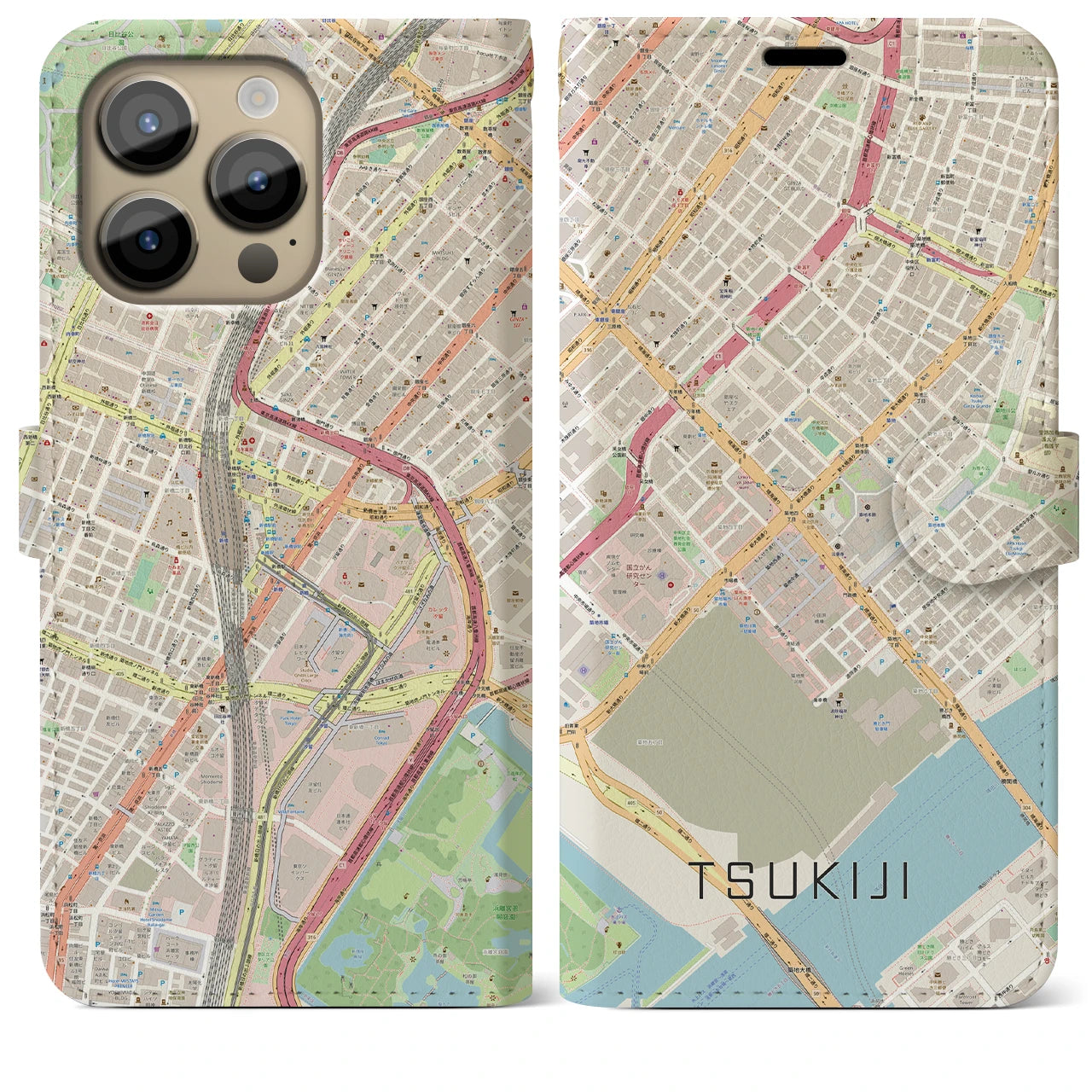 【築地】地図柄iPhoneケース（手帳両面タイプ・ナチュラル）iPhone 14 Pro Max 用