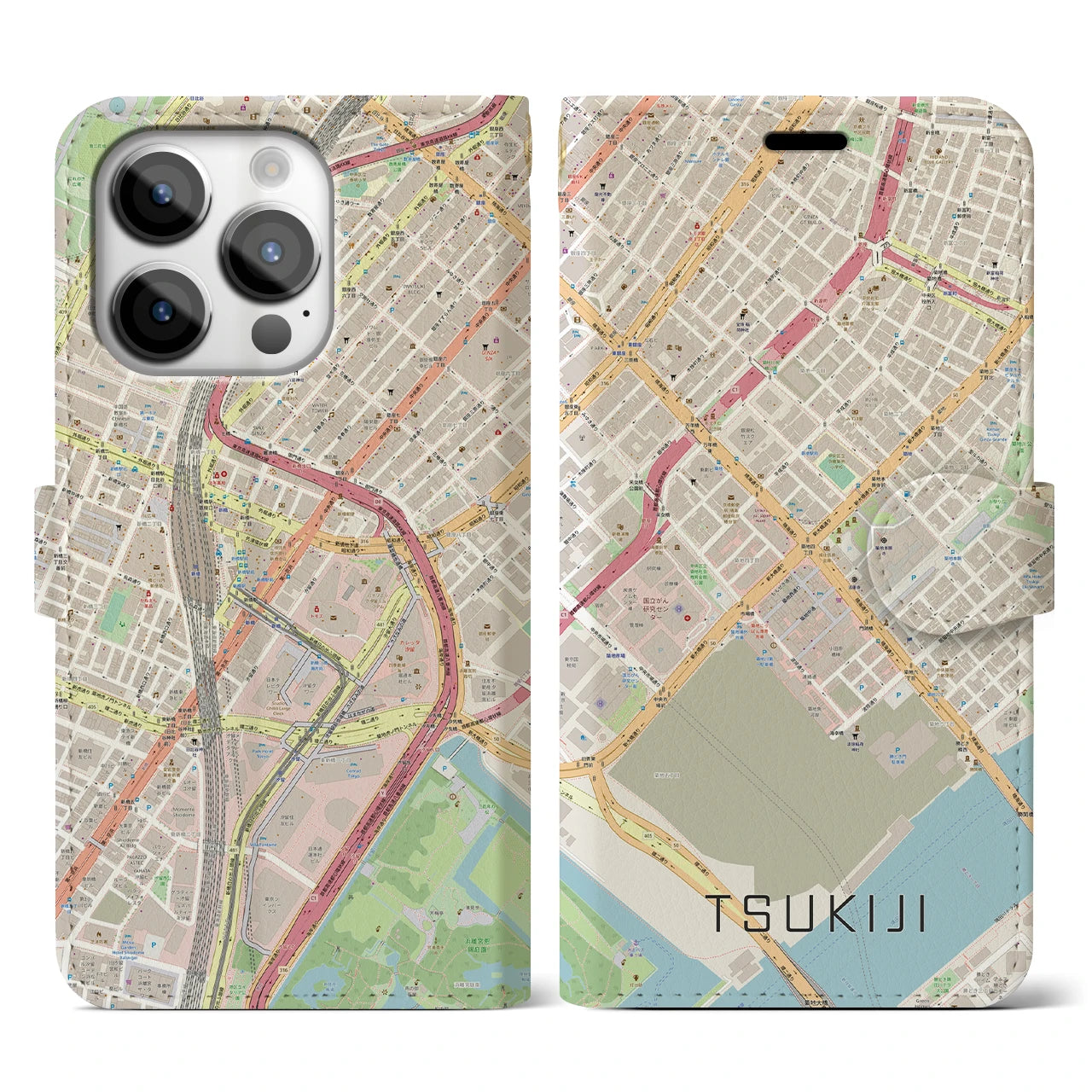 【築地】地図柄iPhoneケース（手帳両面タイプ・ナチュラル）iPhone 14 Pro 用