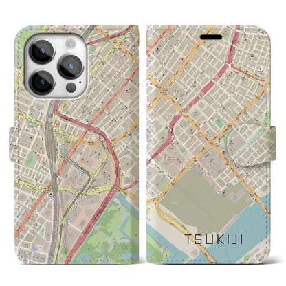 【築地（東京都）】地図柄iPhoneケース（手帳タイプ）ナチュラル・iPhone 14 Pro 用