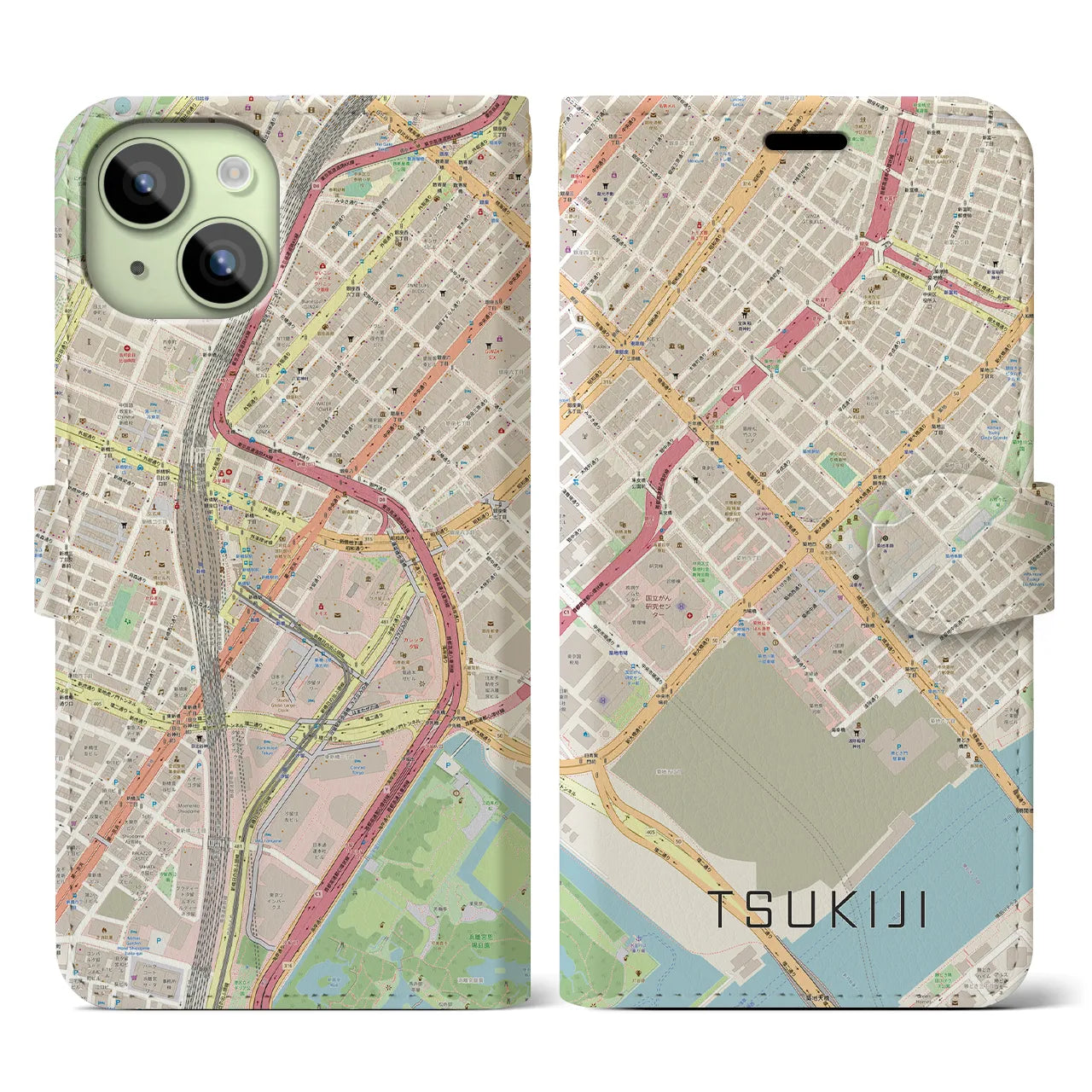 【築地】地図柄iPhoneケース（手帳両面タイプ・ナチュラル）iPhone 15 用