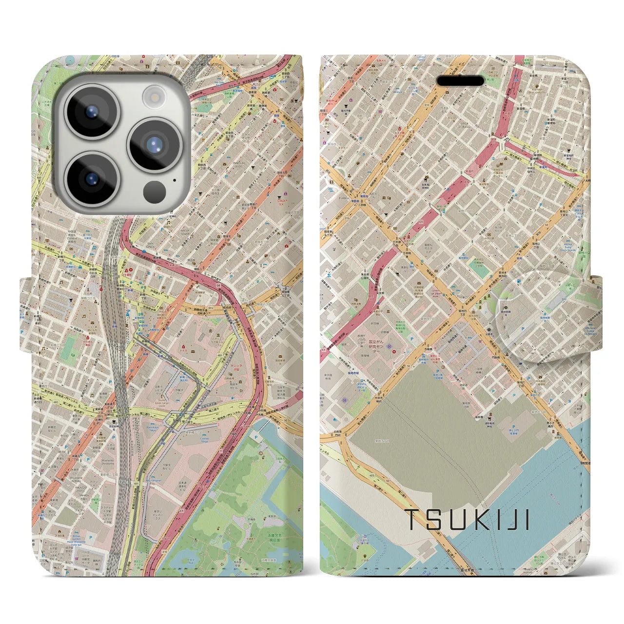 【築地】地図柄iPhoneケース（手帳両面タイプ・ナチュラル）iPhone 15 Pro 用