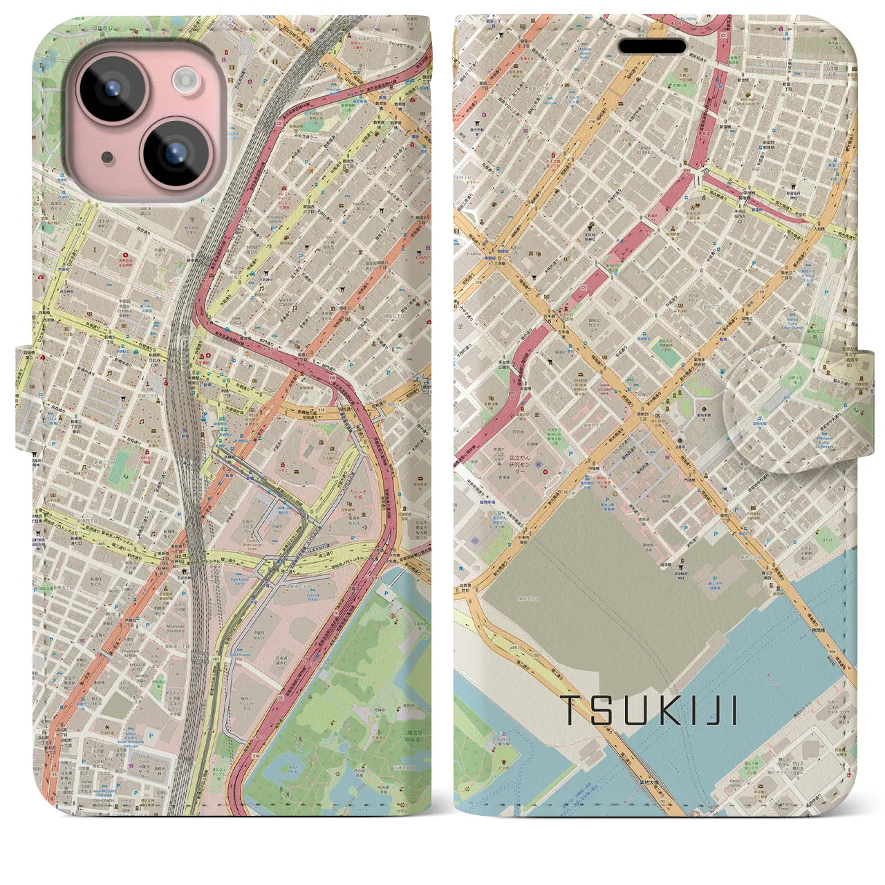 【築地】地図柄iPhoneケース（手帳両面タイプ・ナチュラル）iPhone 15 Plus 用