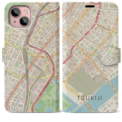 【築地（東京都）】地図柄iPhoneケース（手帳タイプ）ナチュラル・iPhone 15 Plus 用