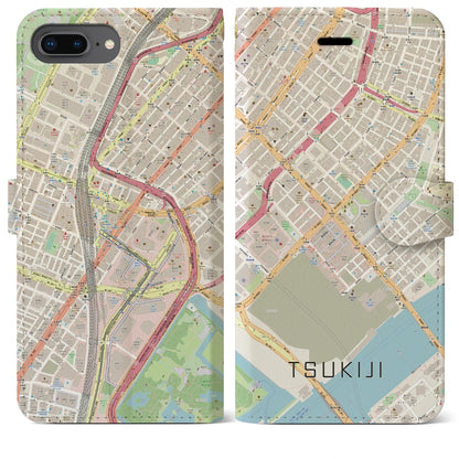 【築地（東京都）】地図柄iPhoneケース（手帳タイプ）ナチュラル・iPhone 8Plus /7Plus / 6sPlus / 6Plus 用