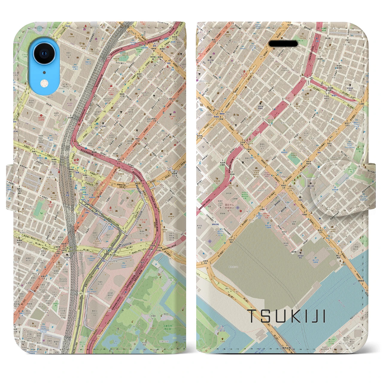 【築地】地図柄iPhoneケース（手帳両面タイプ・ナチュラル）iPhone XR 用