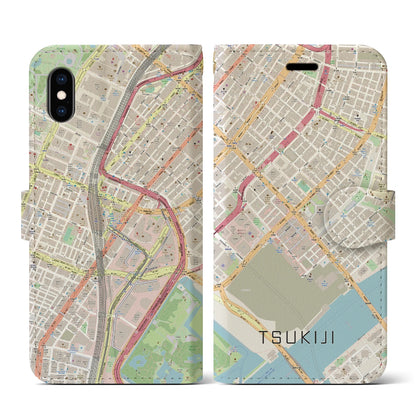 【築地（東京都）】地図柄iPhoneケース（手帳タイプ）ナチュラル・iPhone XS / X 用