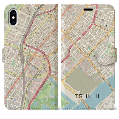 【築地（東京都）】地図柄iPhoneケース（手帳タイプ）ナチュラル・iPhone XS Max 用