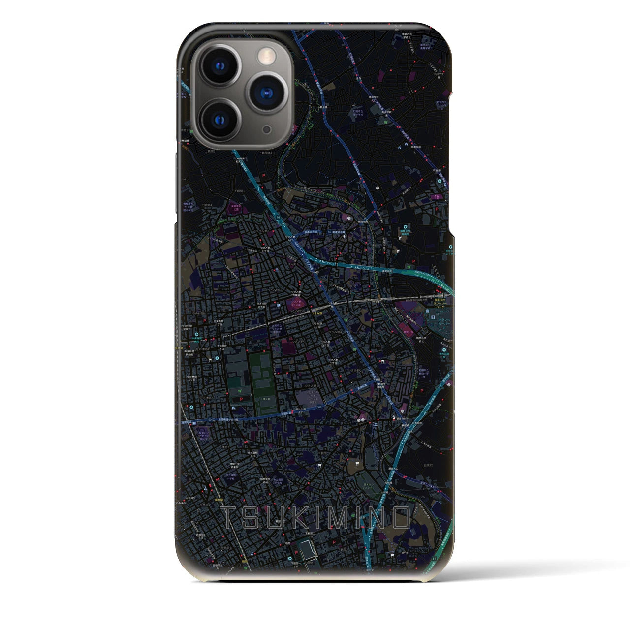 【つきみ野】地図柄iPhoneケース（バックカバータイプ・ブラック）iPhone 11 Pro Max 用