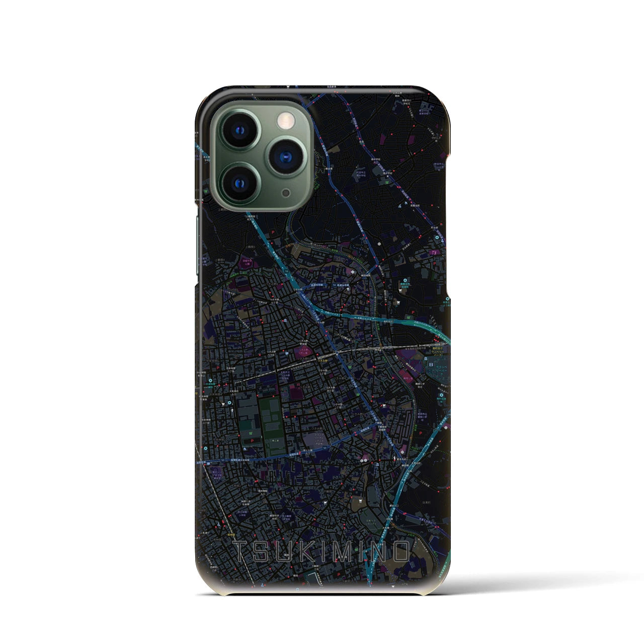 【つきみ野】地図柄iPhoneケース（バックカバータイプ・ブラック）iPhone 11 Pro 用