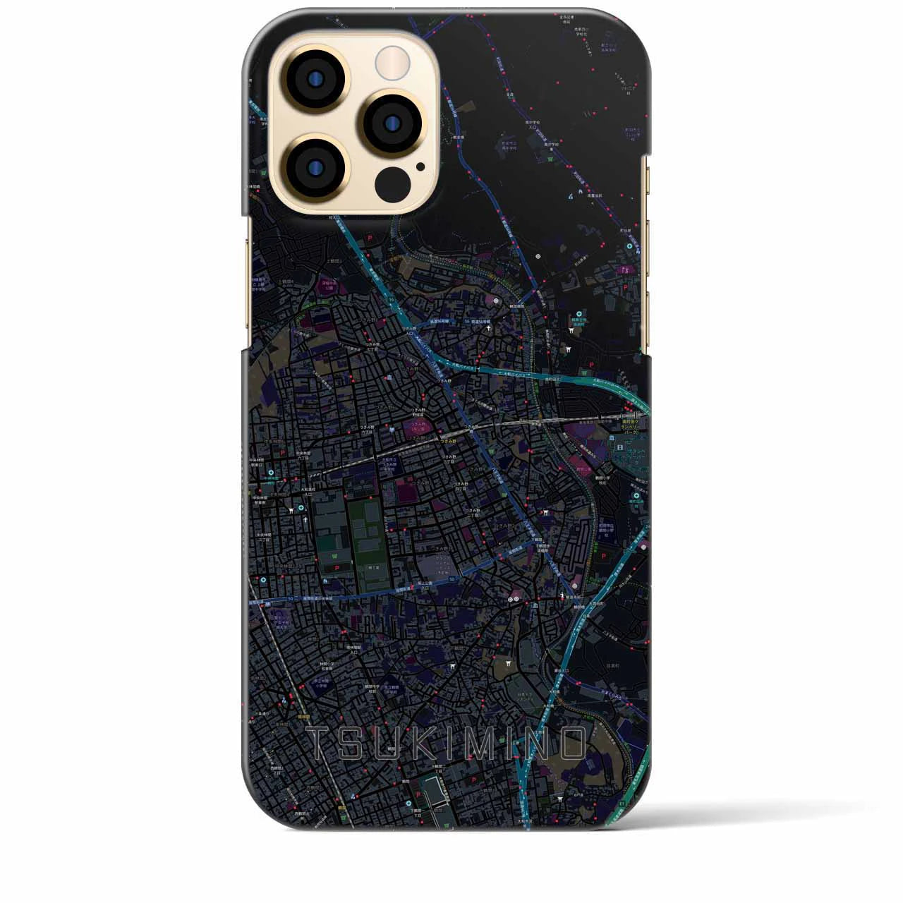 【つきみ野】地図柄iPhoneケース（バックカバータイプ・ブラック）iPhone 12 Pro Max 用